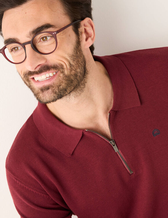 Pull fin col polo zippé broderie poitrine (bordeaux)