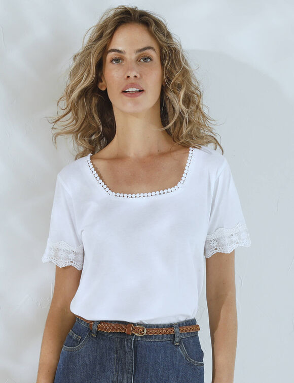 T-shirt col carré galon fantaisie (blanc)