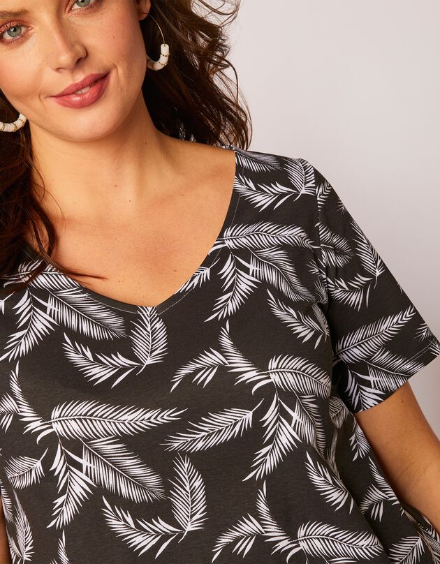 Tee-shirt manches courtes imprimé feuilles (noir / blanc)