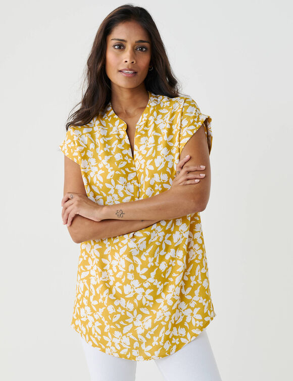 Tunique imprim&eacute;e, manches &agrave; revers (jaune / blanc)