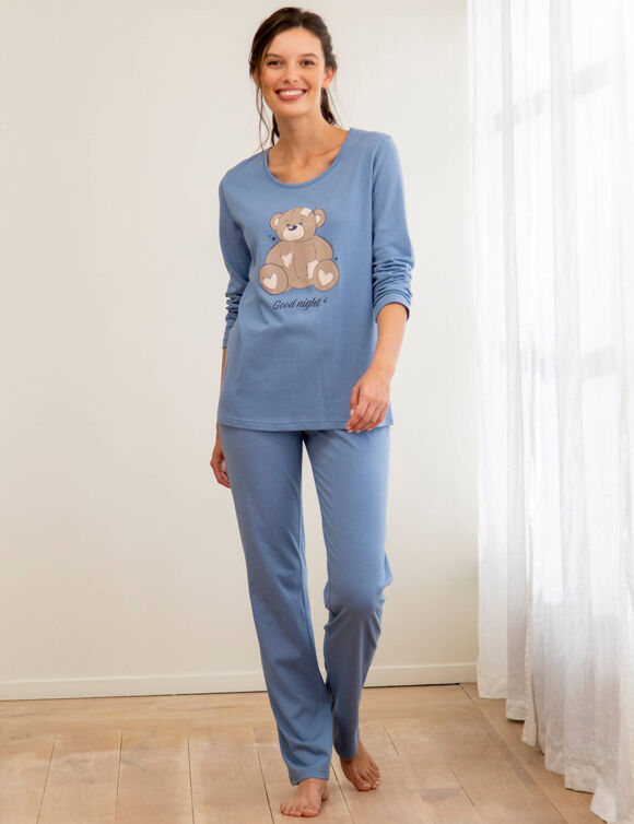 Pyjama en coton motif plac&eacute; ourson manches longues  (bleu gris&eacute;)