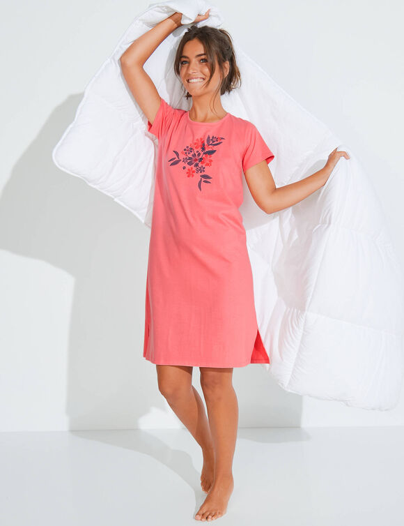 Chemise de nuit courte imprim&eacute;e fleurs  (corail)