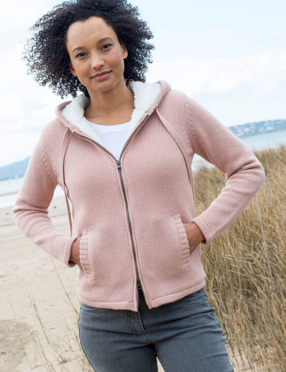 Gilet zippé fourré maille moulinée (rose grisé)