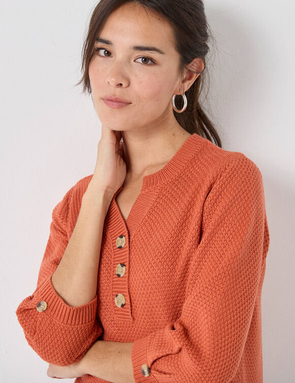 Trui met Tunesische hals en 3/4-mouwen, fantasietricot (donkeroranje)