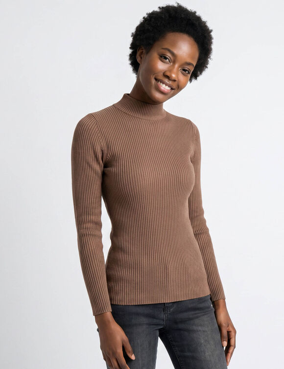 Pull col montant court, maille c&ocirc;tel&eacute;e (taupe)