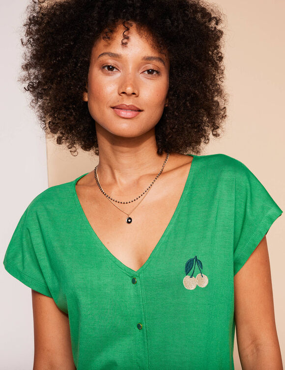 T-shirt col V boutonné brodé cerises (vert)