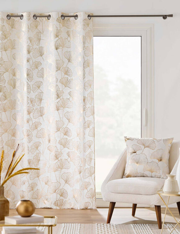 Gordijn met oogringen, metallic ginkgomotief (naturel / goudkleurig)