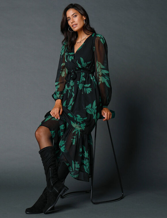 Robe longue volant, voile imprimé (noir / émeraude)