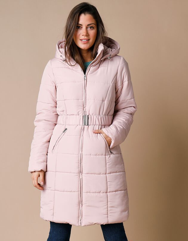 Doudoune ceinturée unie - version longue (rose grisé)