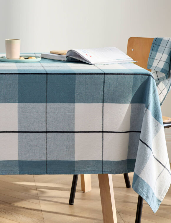 Nappe carreaux coton lin tiss&eacute; teint (bleu gris&eacute;)