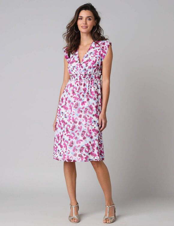 Robe courte d&eacute;collet&eacute; cache-coeur, en voile imprim&eacute; (violine)