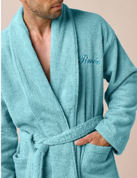 Peignoir mixte adulte éponge bouclette col châle personnalisable (vert d'eau)