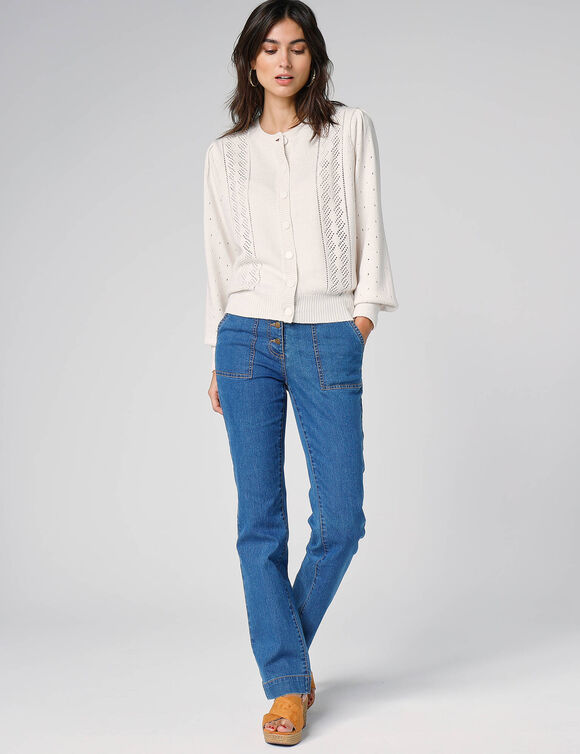 Cardigan boutonn&eacute;, maille ajour&eacute;e (&eacute;cru)