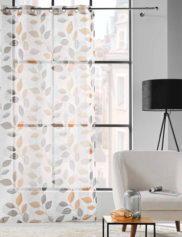 Voilage imprim&eacute; petites feuilles, finition &oelig;illets (gris / orange)