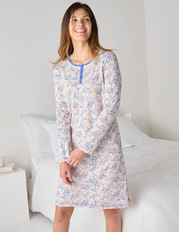 Nachthemd met lange mouw en en 'vogel' print (ecru / blauw)