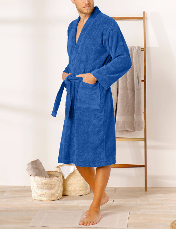Peignoir mixte adulte col kimono éponge bouclette  (bleu dur)