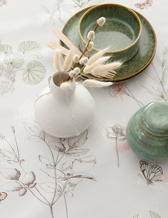 Nappe toile cirée imprimé végétal et papillons (beige / vert)