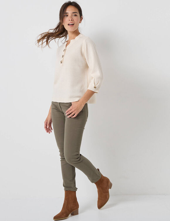 Pull col tunisien manches 3/4, maille fantaisie (écru)
