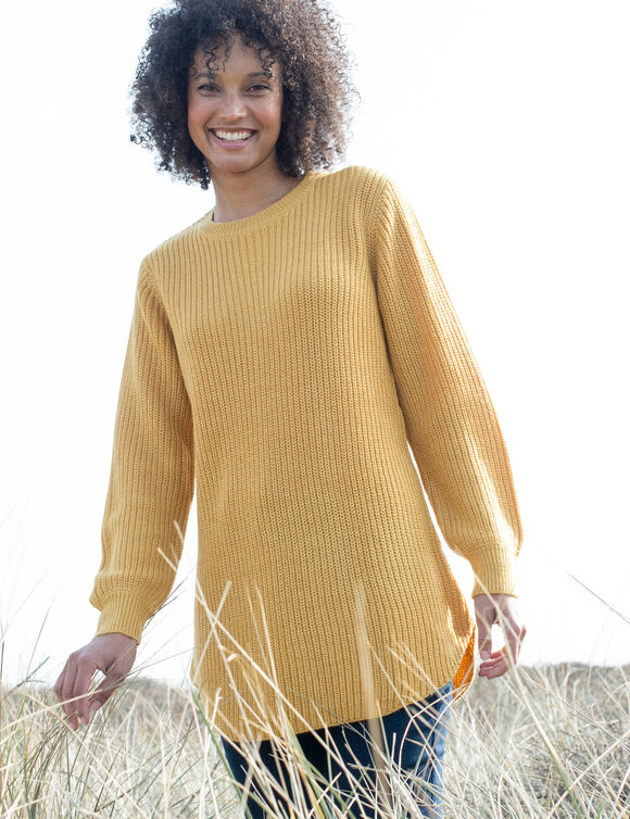 Pull tunique &eacute;vas&eacute; col rond, maille anglaise (curry)
