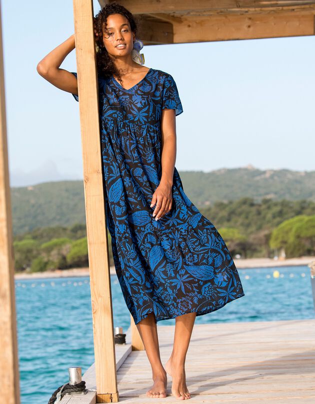 Robe longue imprimée col V, crépon (noir / bleu)