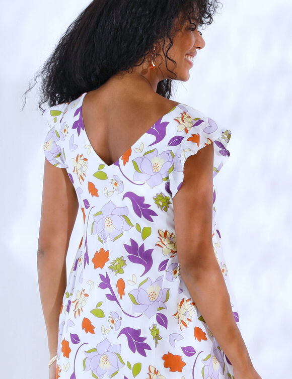 Robe courte évasée, crépon imprimé floral (écru / multicolore)
