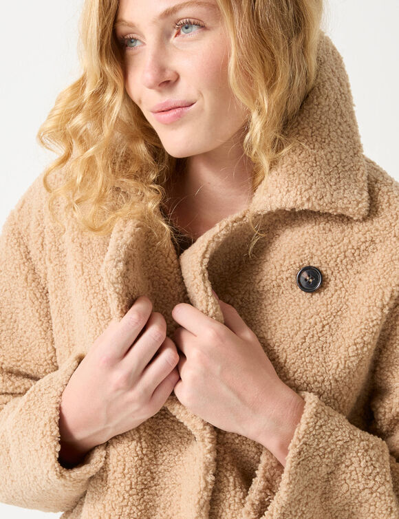Manteau court maille bouclette col tailleur (beige)