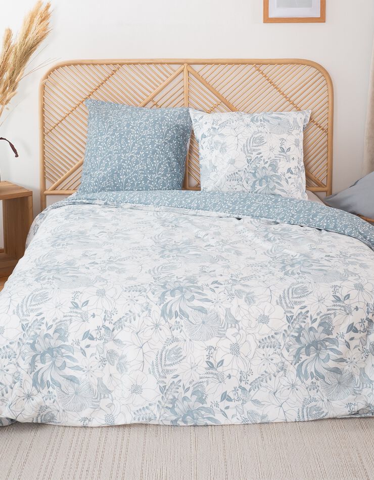 Bedlinnenset Toile met tweekleurige, plantaardige print - Topcool®-microvezel (blauw)