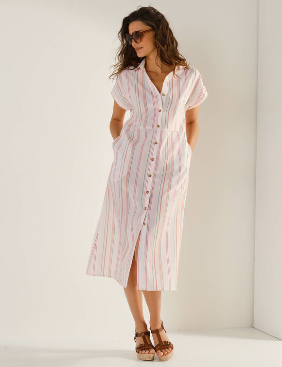 Robe chemise ray&eacute;e, manches courtes, coton fils tiss&eacute;s teints (ecru)