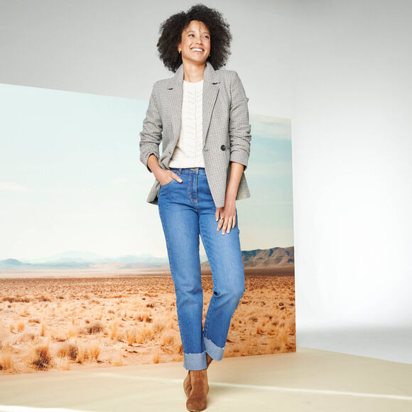 Veste blazer double boutonnage, imprimé pied-de-poule (beige / chocolat)