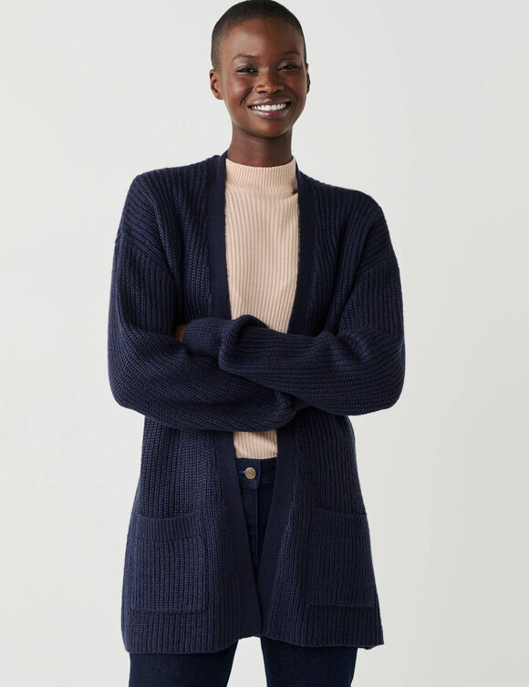Gilet long ouvert, maille anglaise (marine)
