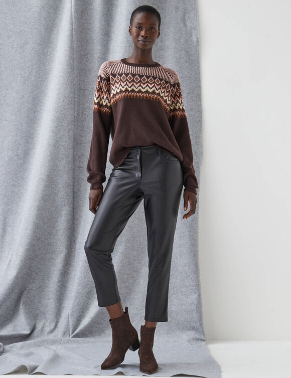 Pull col rond motif jacquard, toucher doux  (chocolat / rose)