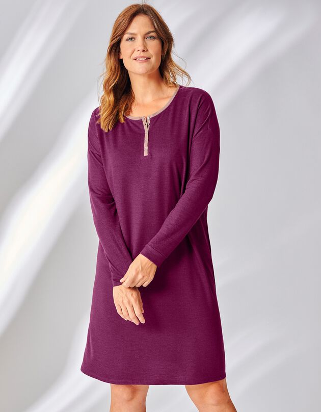 Chemise de nuit courte molleton manches longues, aubergine Chemise de nuit courte molleton manches longues, aubergine, hi-res