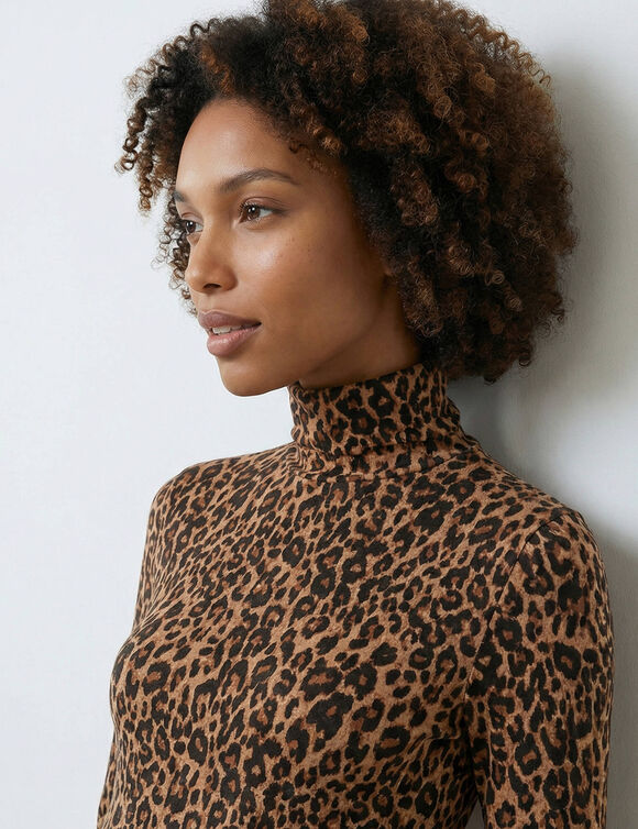 Sous-pull col roul&eacute; imprim&eacute; peau de b&ecirc;te, stretch (caramel / noir)