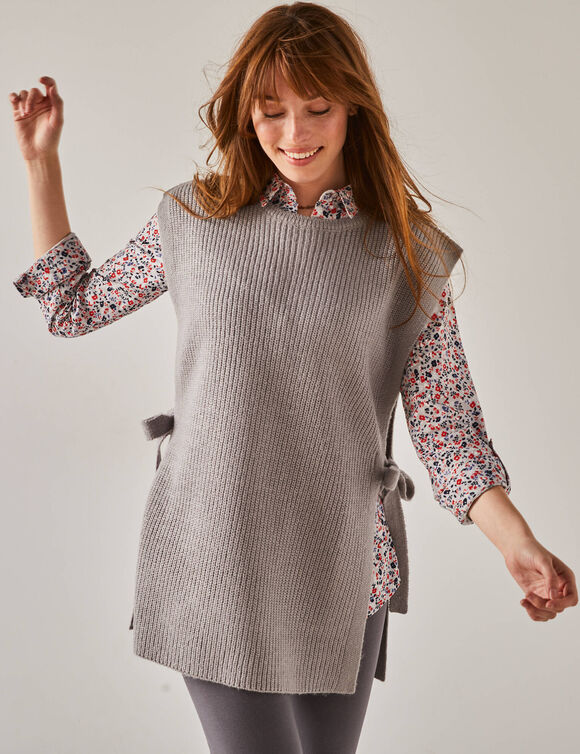 Pull tunique sans manches, maille anglaise toucher doux (gris chiné)