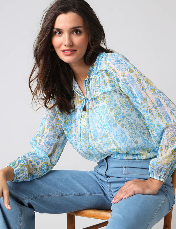 Blouse l&eacute;g&egrave;re imprim&eacute;e patch (bleu / jaune)