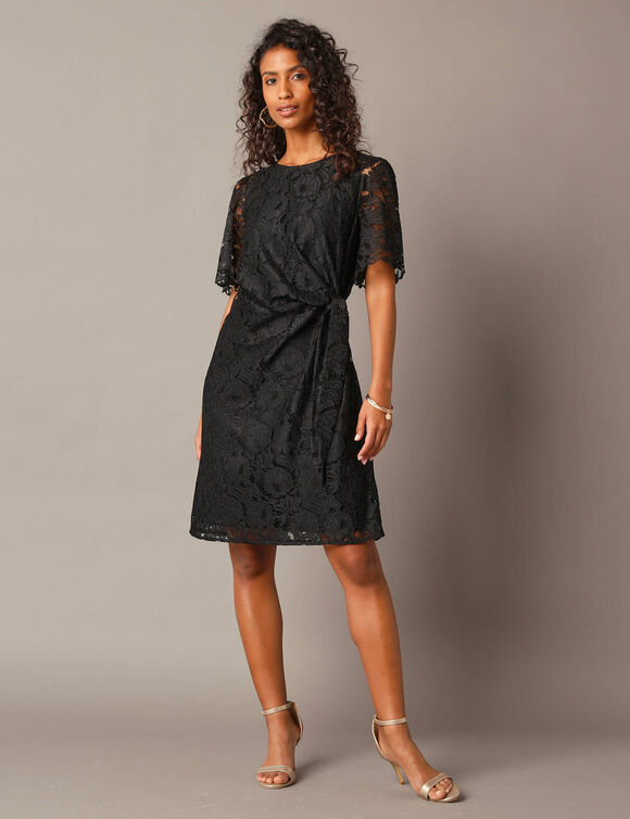 Robe drapée dentelle, manches papillon (noir)