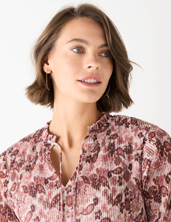 Geplooide blouse met bloemprint, van voile (roze / chocolade)