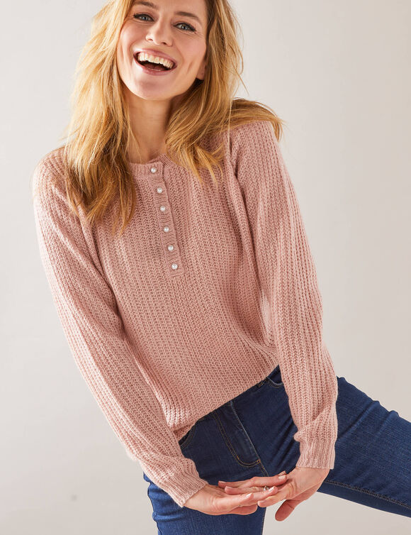 Pull col tunisien, maille anglaise toucher doux (rose poudré)