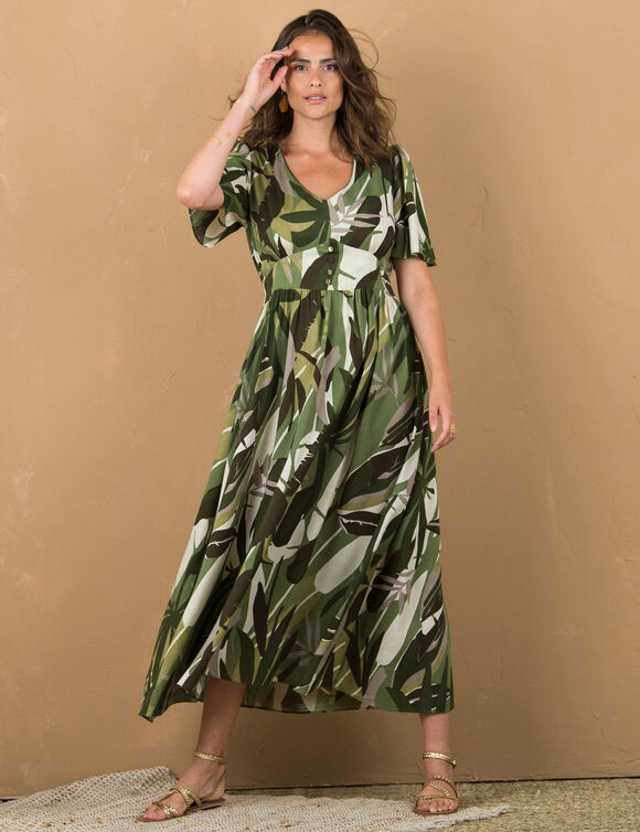 Robe longue imprimée, ceinture smockée dos (kaki / écru)