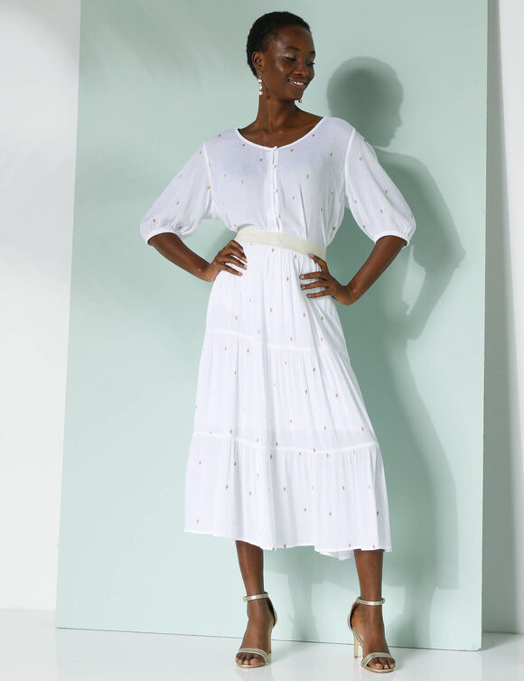 Jupe courte volantée imprimé doré, crépon (blanc / doré)