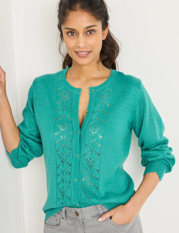 Gilet boutonné, maille ajourée (vert menthe)