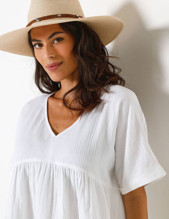 Ruime bloes met borduursel en 7/8-mouwen, in crepon (wit)