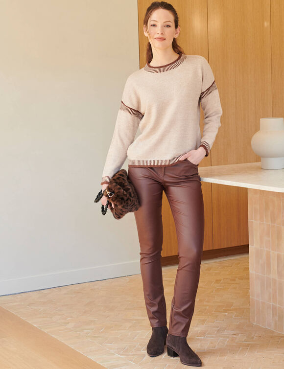 Pull loose bicolore, col rond (beige / chocolat)