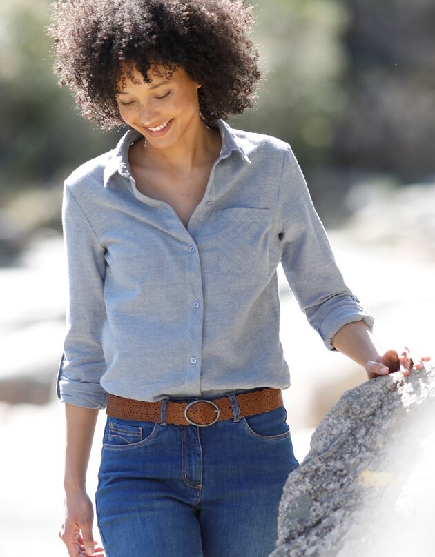 Chemise manches retroussables flanelle effet chiné (bleu jean)