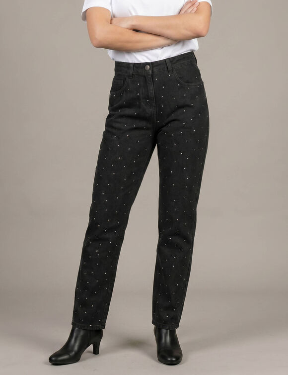 Jean noir coupe droite taille haute avec strass (noir)