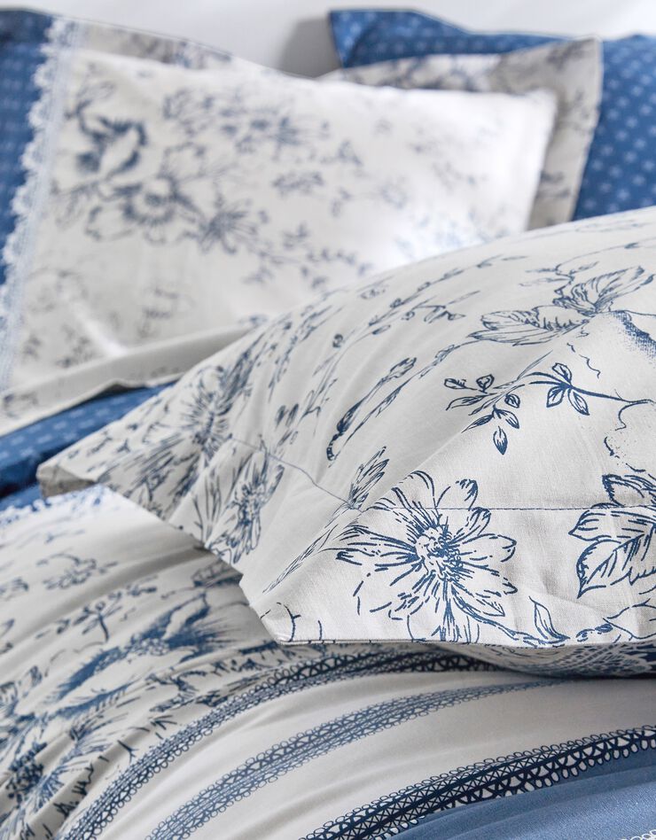Bedlinnen Gabrielle in katoen met stippen-, bloemen- en kantprint (marineblauw)
