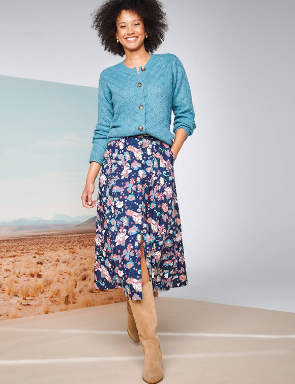 Jupe boutonnée imprimée (bleu nuit / rose)