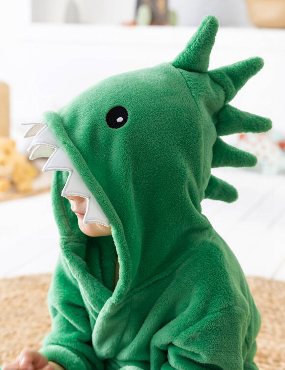 Badjas voor kinderen, dinosaurus, met kap, streelzachte microvezel (groen)