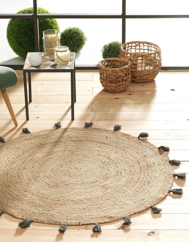Tapis finition pompons - rond (kaki)