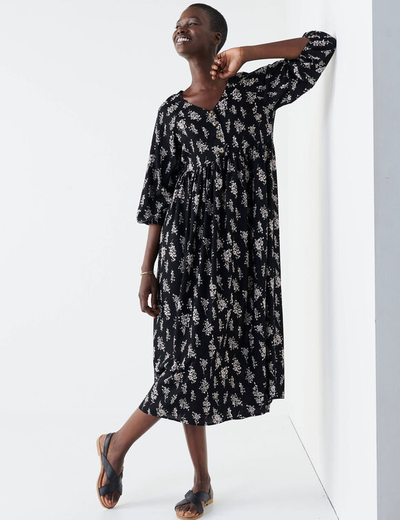 Robe longue boutonn&eacute;e, imprim&eacute;e (noir)